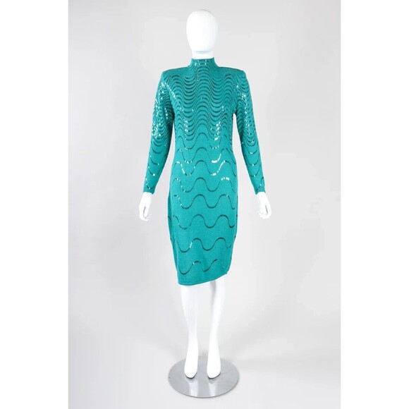 ST. JOHN Metallic Waves Paillette Santana Knit Dress 6/8 Sequins Turquoise - Picture 1 of 10